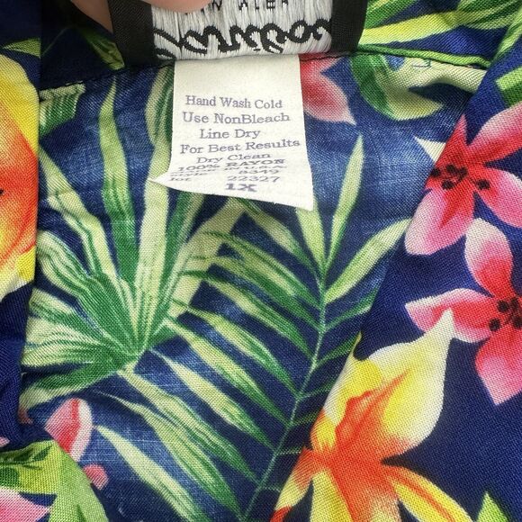 Caribou Hawaiian Shirt Women 1X Green Blue Pink Floral Button Up Shoulder Pads - Picture 10 of 12